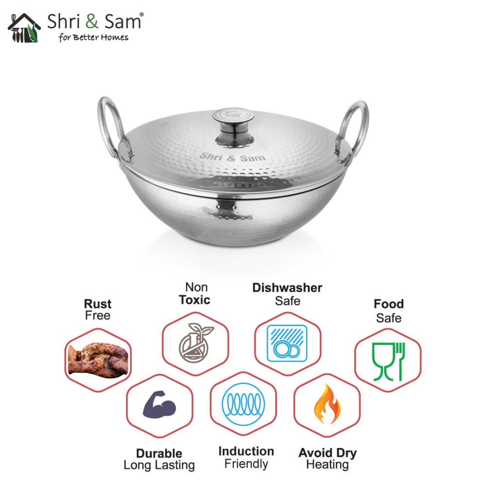 Stainless Steel Heavy Weight Hammered Kadhai with SS Lid