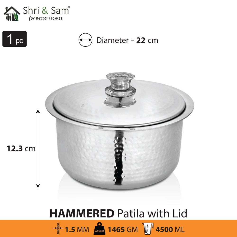 Stainless Steel Heavy Weight Hammered Patila with SS Lid