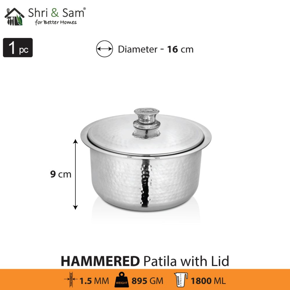 Stainless Steel Heavy Weight Hammered Patila with SS Lid