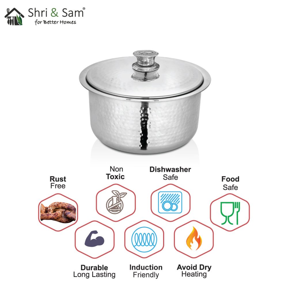 Stainless Steel Heavy Weight Hammered Patila with SS Lid