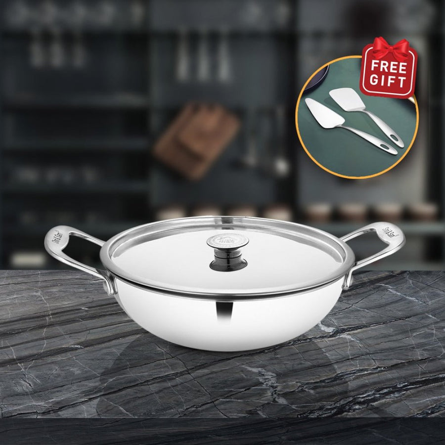 Stainless Steel Heavy Weight Kadhai with SS Lid Platinum
