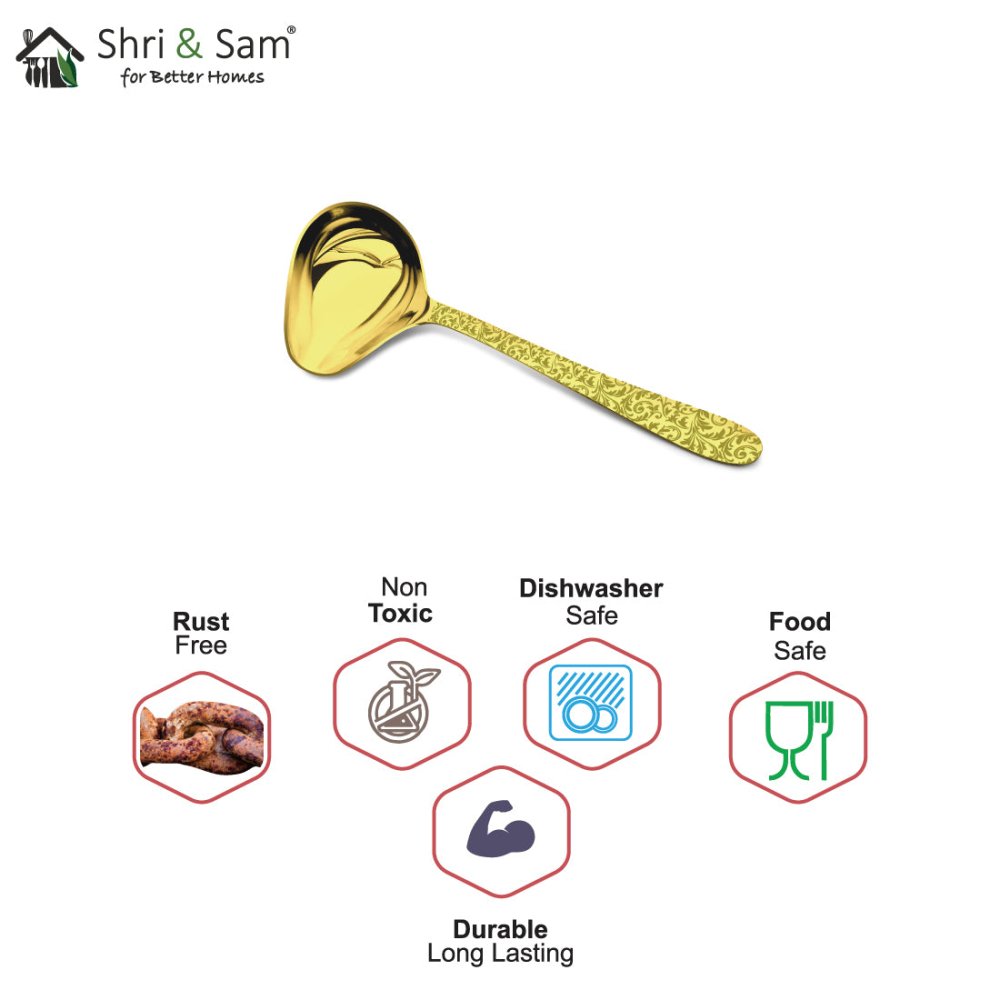 Stainless Steel Sauce Ladle with Gold PVD Coating and Laser Jasmine