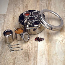 Stainless Steel Small Masala Box with See Through Lid and 7 Containers with Spoon