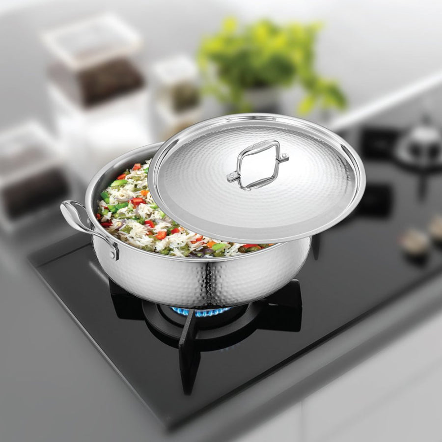 Stainless Steel Triply Bharat Hammered Biryani Handi with Lid