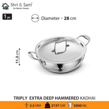 Stainless Steel Triply Hammered Bharat Extra Deep Kadhai with SS Lid
