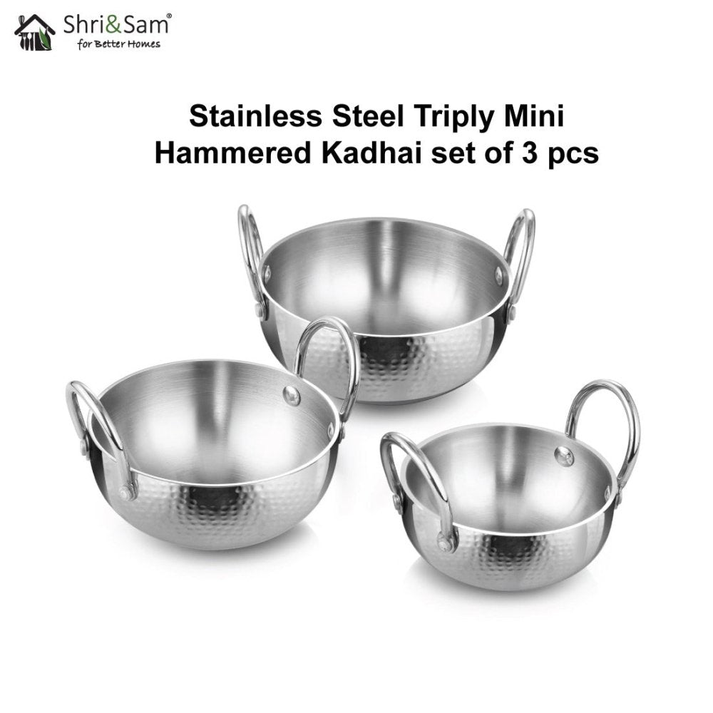 Stainless Steel Triply Mini Hammered Kadhai set of 3 pcs