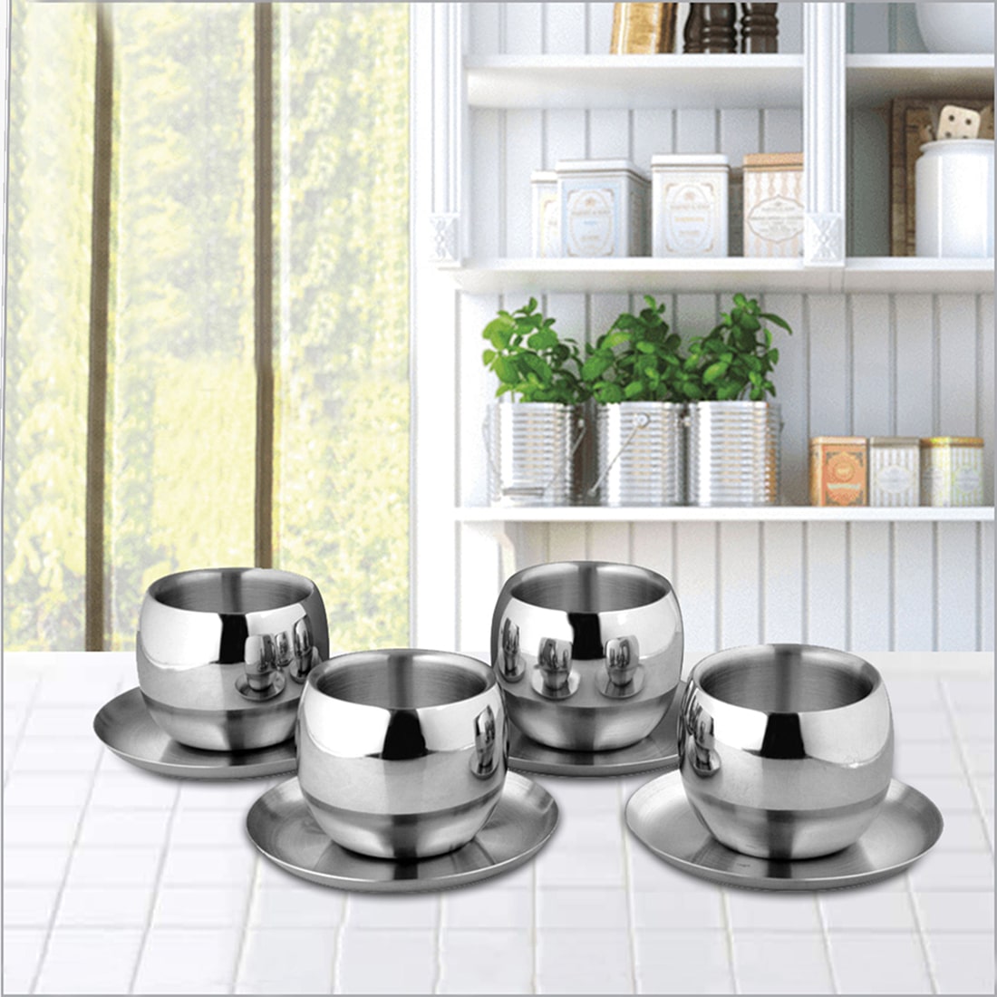 Stainless Steel 4 PCS Double Wall Cup and Saucer Nikki