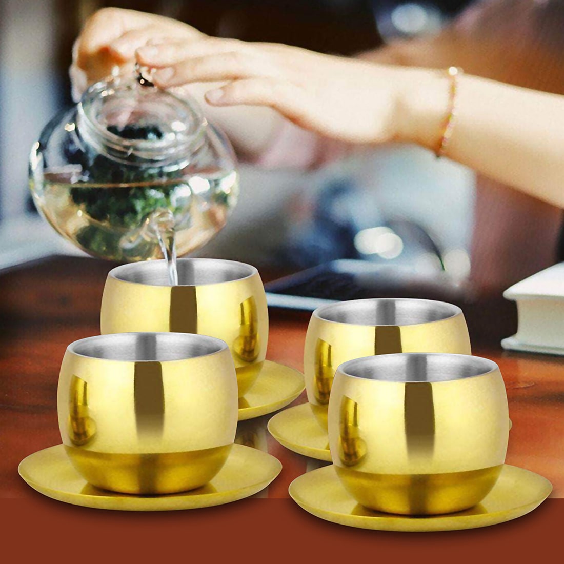 Stainless Steel 4 PCS Double Wall Cup and Saucer with Gold PVD Coating Nikki