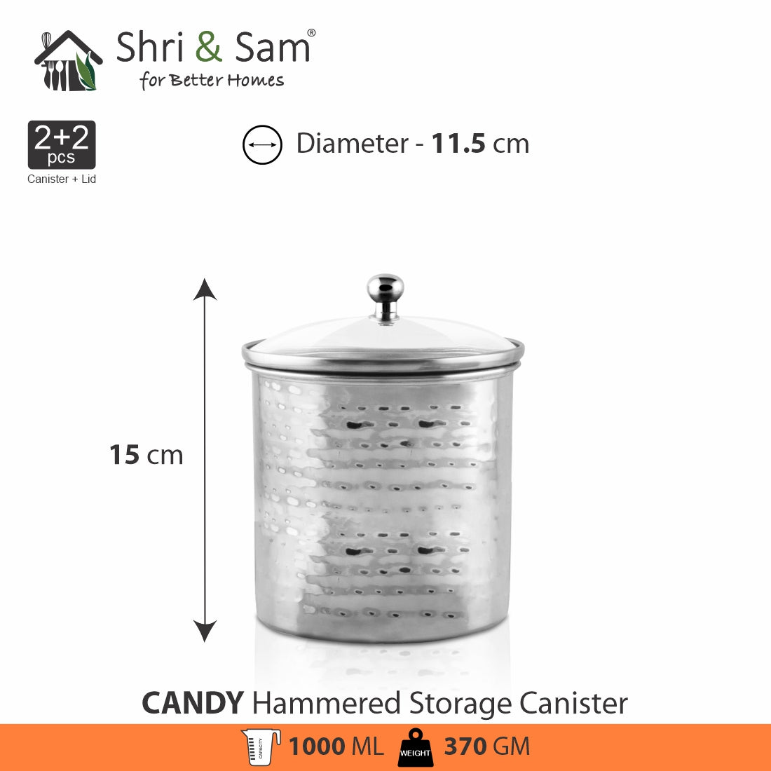 Stainless Steel 2 PCS 1000 ML Hammered Storage Canister with Air Tight Glass Lid Candy