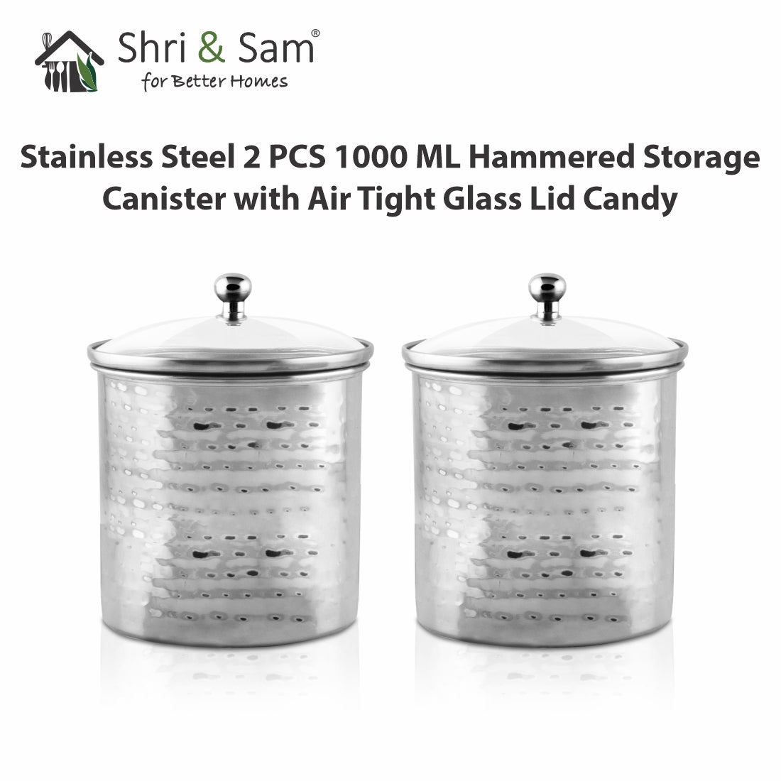 Stainless Steel 2 PCS 1000 ML Hammered Storage Canister with Air Tight Glass Lid Candy