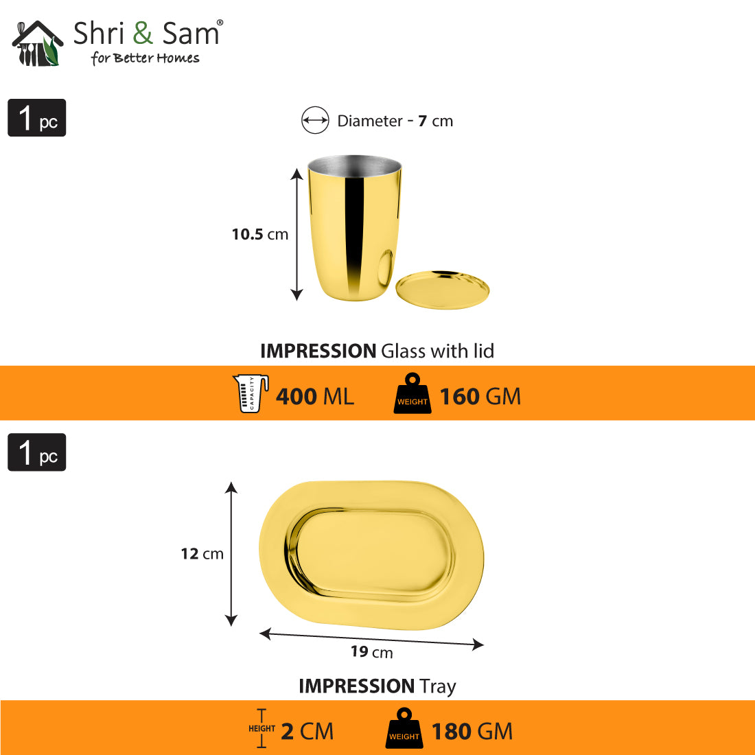 Stainless Steel 2 PCS Gold PVD Coated Glass with SS Lid & SS Tray Impression