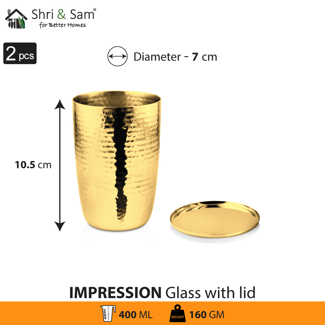 Stainless Steel 2 PCS Gold PVD Coated Hammered Glass with SS Lid Impression