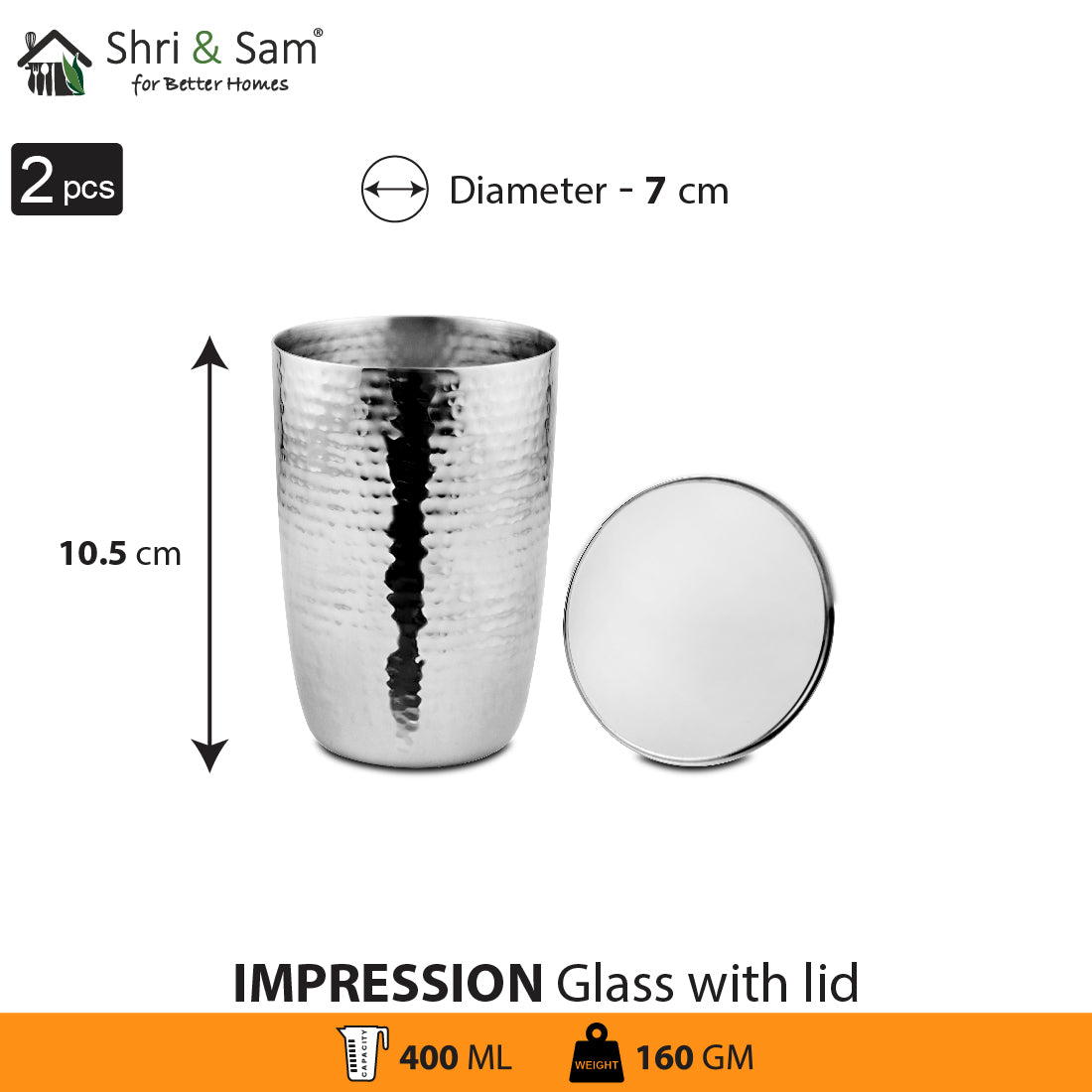 Stainless Steel 2 PCS Hammered Glass with SS Lid Impression