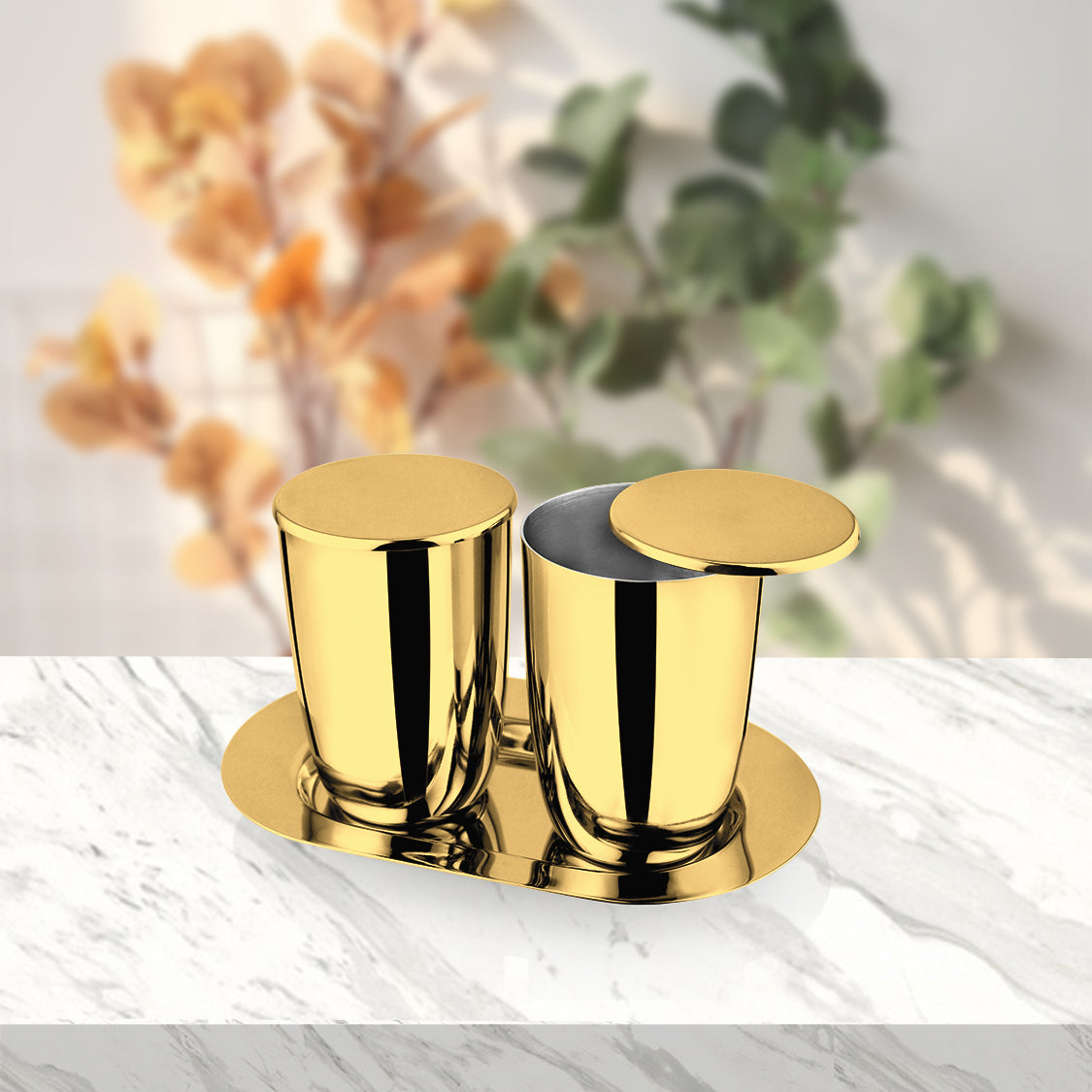 Stainless Steel 2 PCS Gold PVD Coated Glass with SS Lid & SS Tray Impression