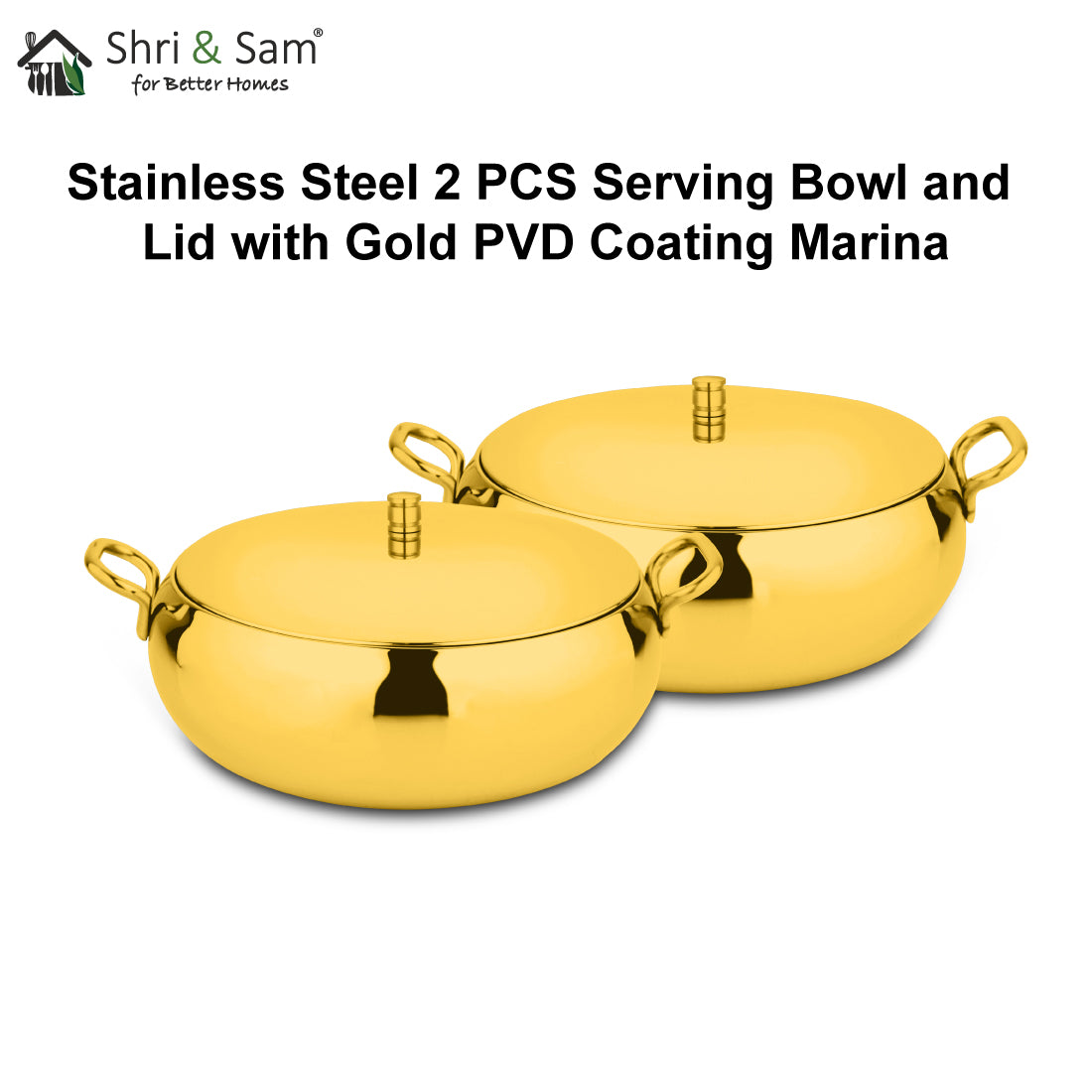 Stainless Steel 2 PCS Serving Bowl and Lid with Gold PVD Coating Marina