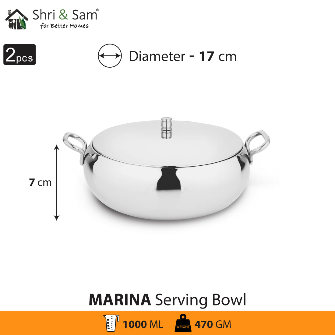 Stainless Steel 2 PCS Serving Bowl with SS Lid Marina