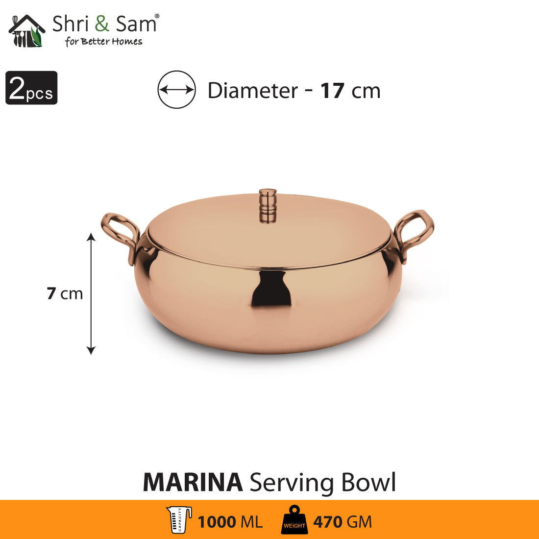 Stainless Steel 2 PCS Serving Bowl and Lid with Rose Gold PVD Coating Marina