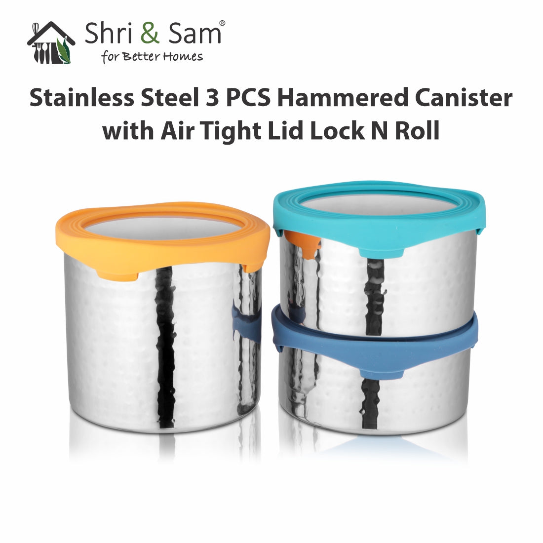 Stainless Steel 3 PCS Hammered Canister with Air Tight Lid Lock N Roll