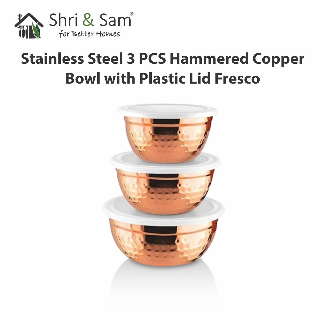Stainless Steel 3 PCS Hammered Copper Bowl with Plastic Lid Fresco