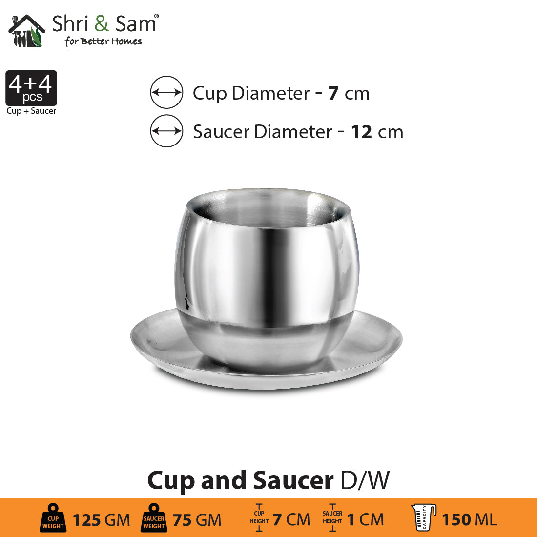 Stainless Steel 4 PCS Double Wall Cup and Saucer Nikki