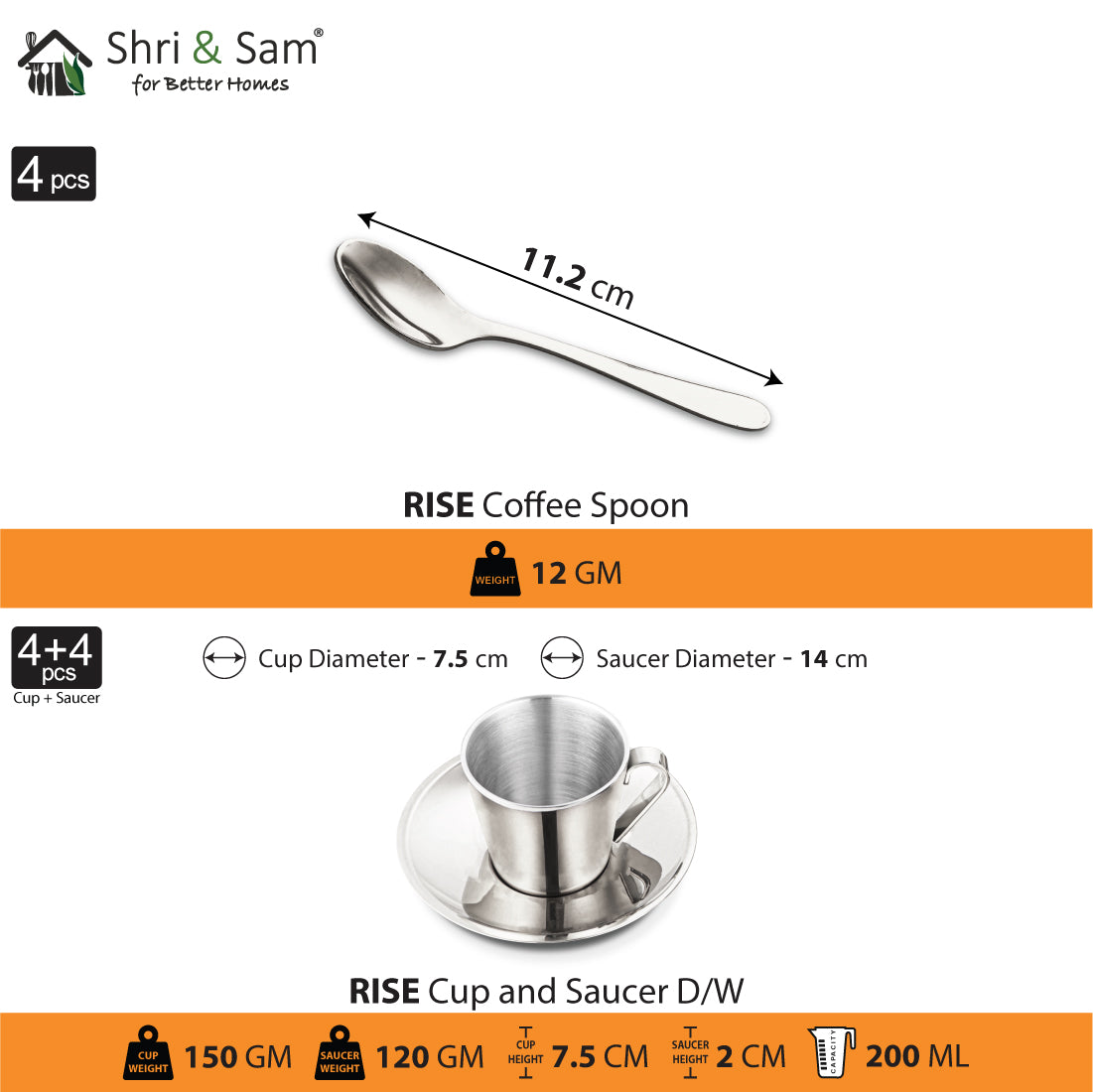 Stainless Steel 4 PCS Double Wall Cup and Saucer Rise