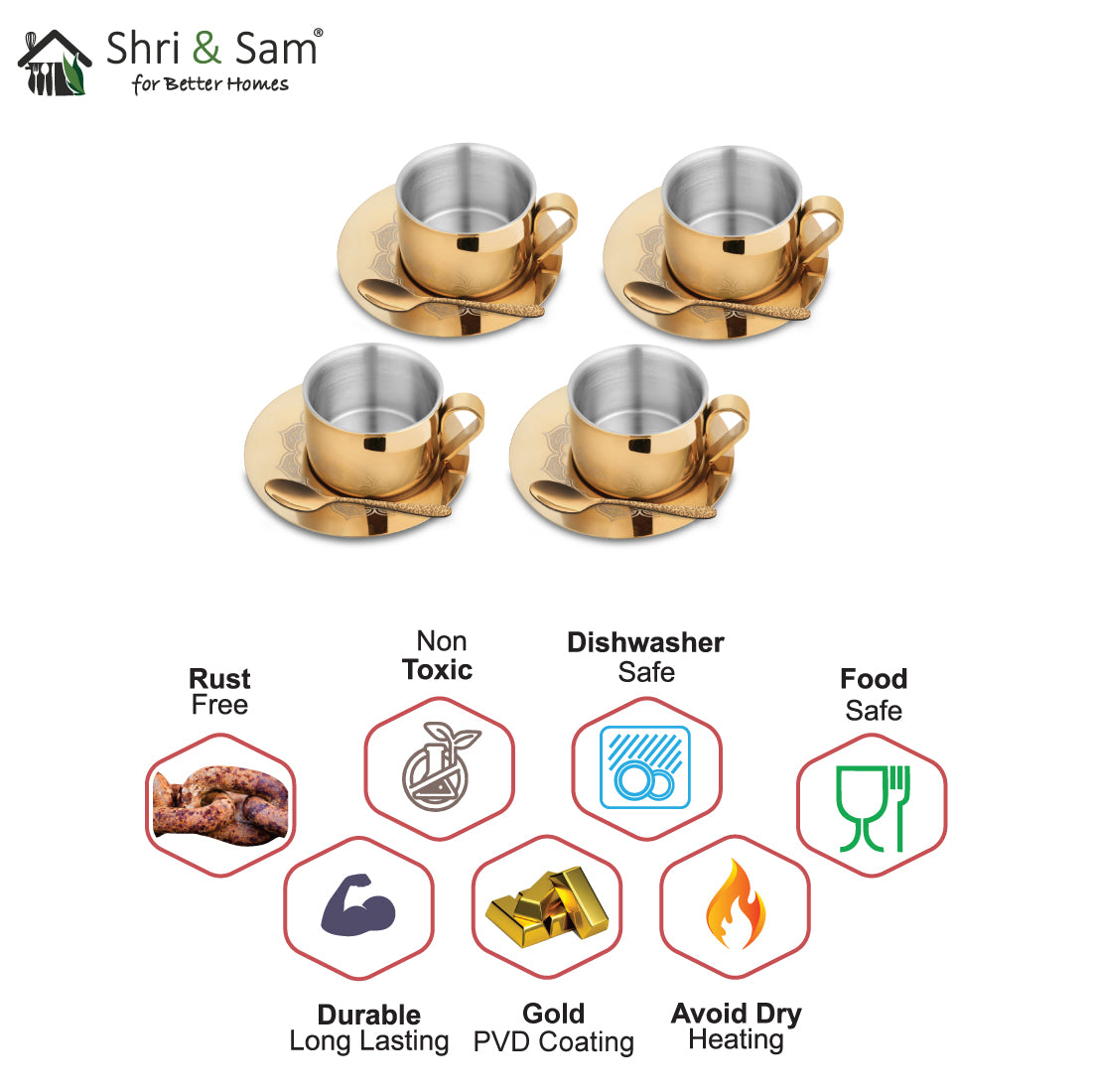 Stainless Steel 4 PCS Double Wall Cup and Saucer with Gold PVD Coating & Laser First Impression
