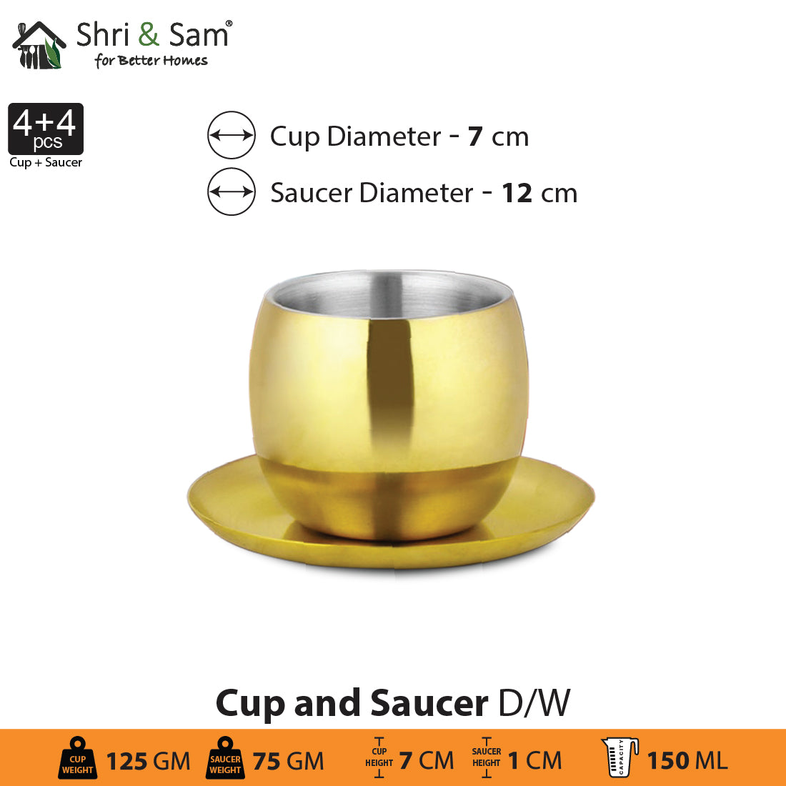Stainless Steel 4 PCS Double Wall Cup and Saucer with Gold PVD Coating Nikki