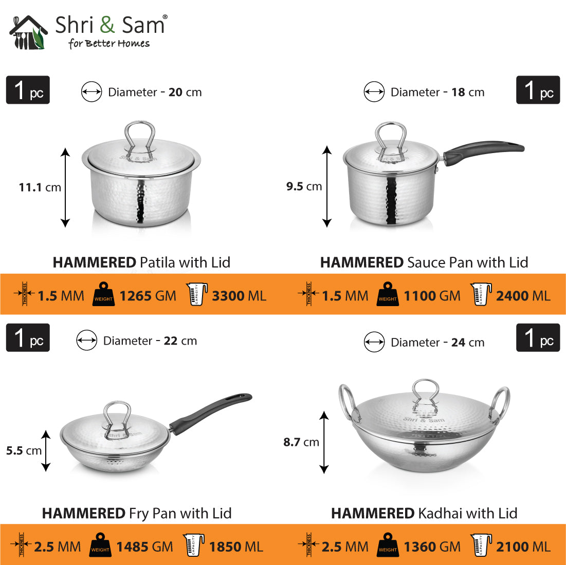Stainless Steel 4 PCS Heavy Weight Hammered FAMILY Cookware Set with Lid