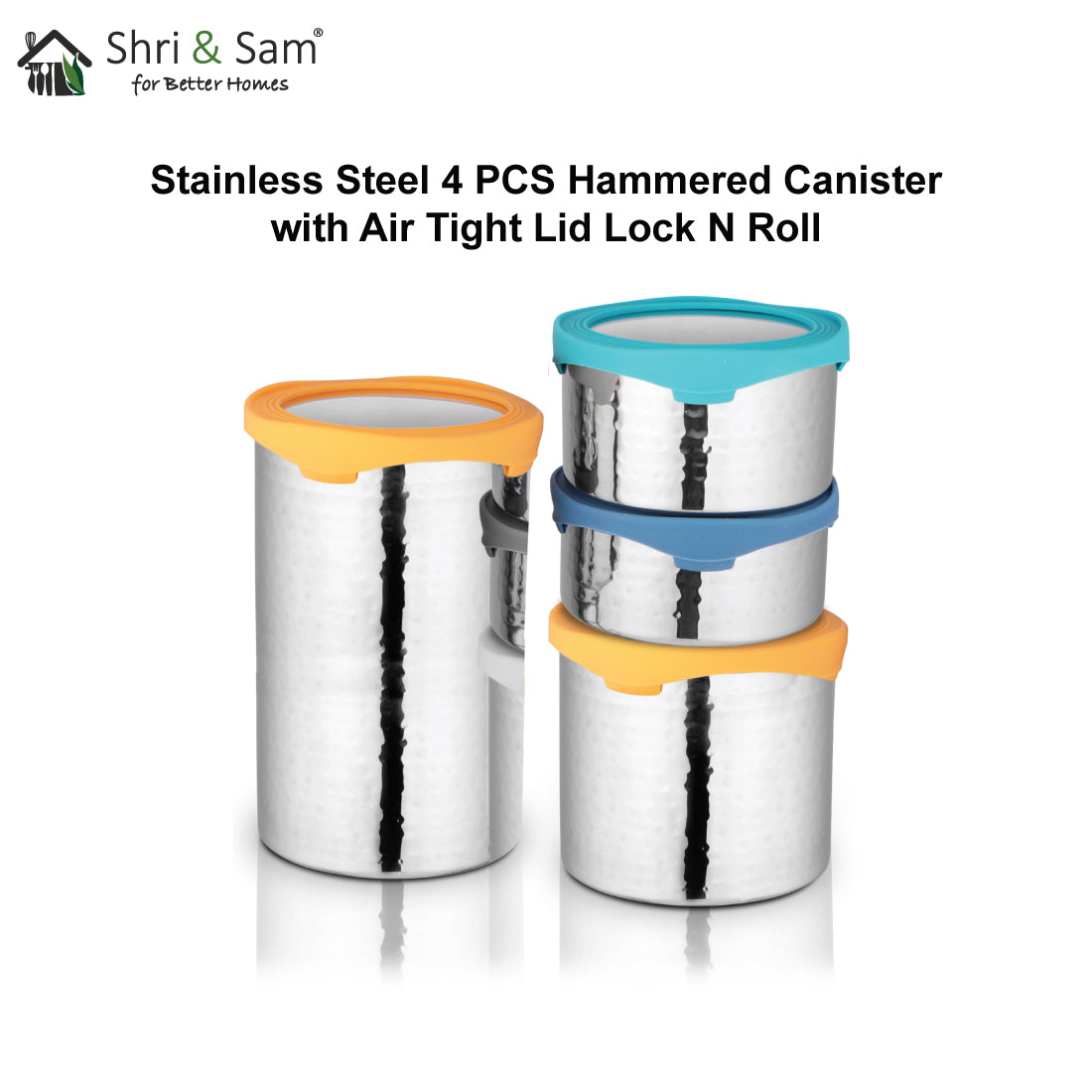 Stainless Steel 4 PCS Hammered Canister with Air Tight Lid Lock N Roll
