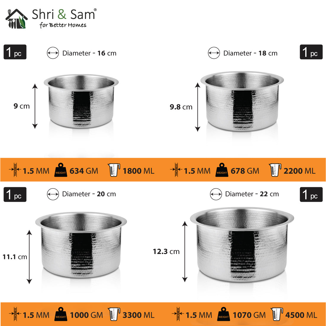 Stainless Steel 4 PCS Heavy Weight Hammered Patila Set