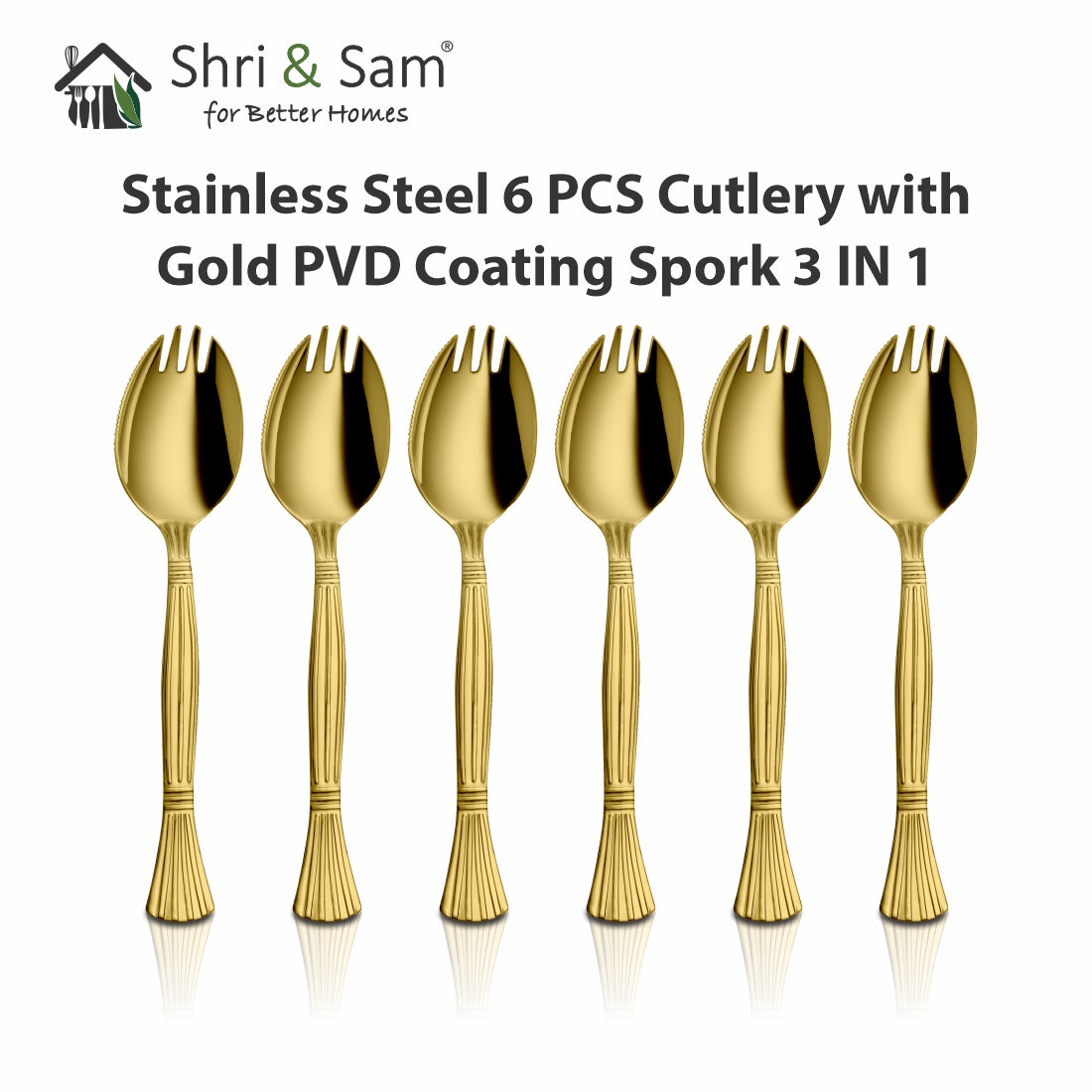 Stainless Steel 6 PCS Cutlery with Gold PVD Coating Spork 3 IN 1