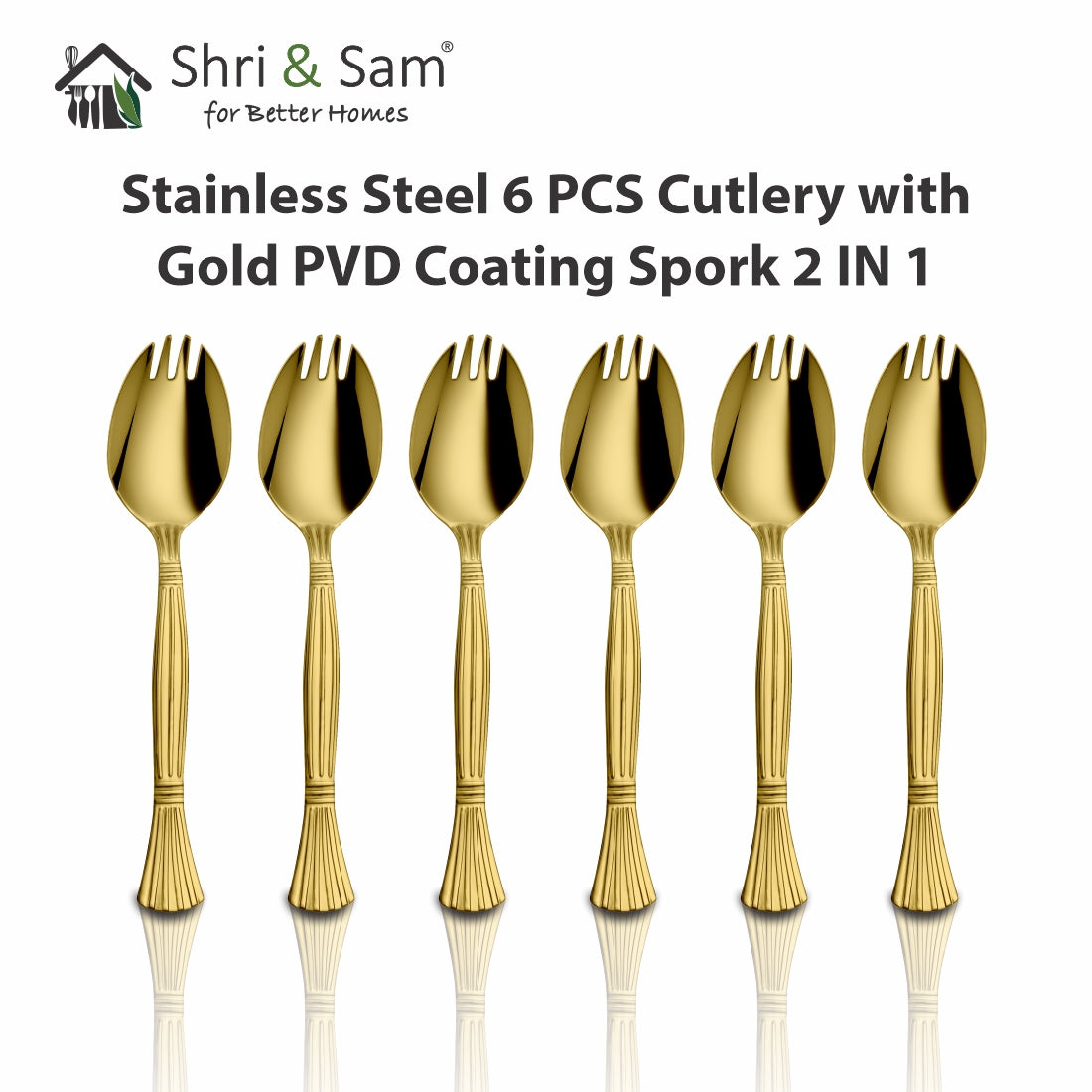 Stainless Steel 6 PCS Cutlery with Gold PVD Coating Spork 2 IN 1