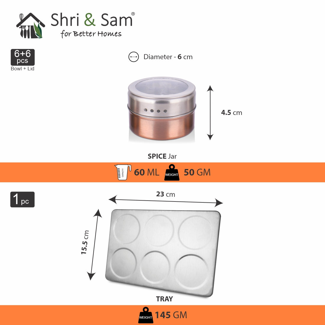 Stainless Steel 7 PCS Spice Jar Set with Tray