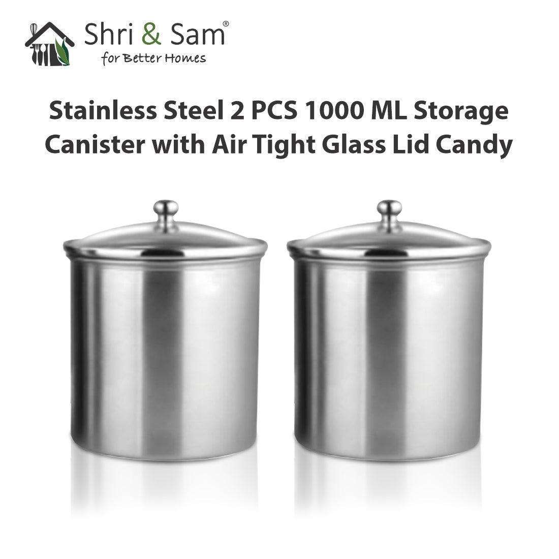 Stainless Steel 2 PCS 1000 ML Storage Canister with Air Tight Glass Lid Candy