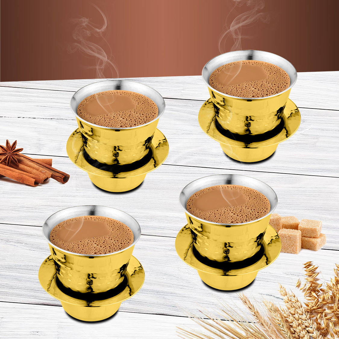 Stainless Steel 4 PCS Double Wall Hammered Coffee Dabra In Tumbler with Gold PVD Coating Congo