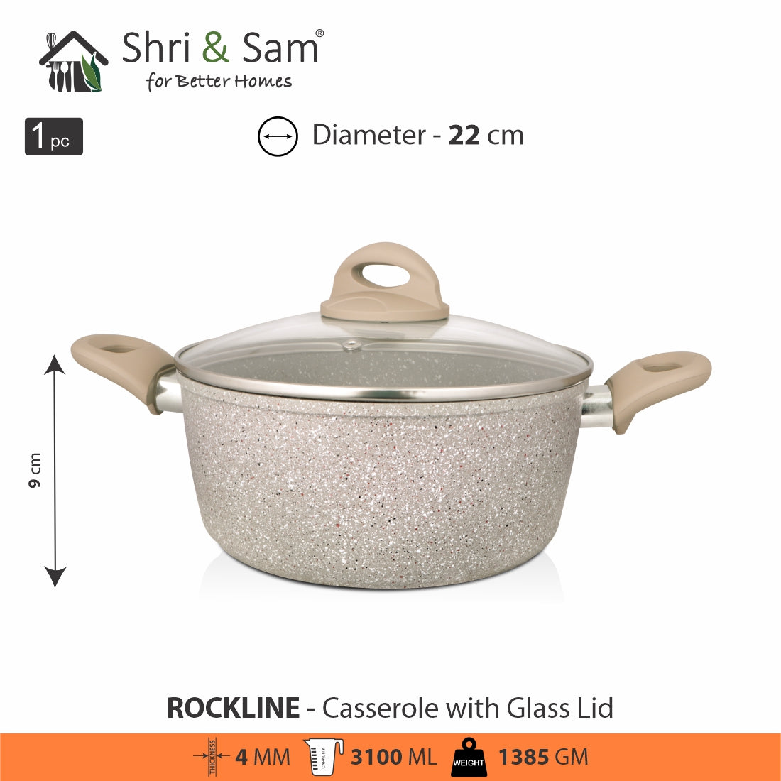 Aluminium Non-Stick Casserole with Glass Lid Rockline