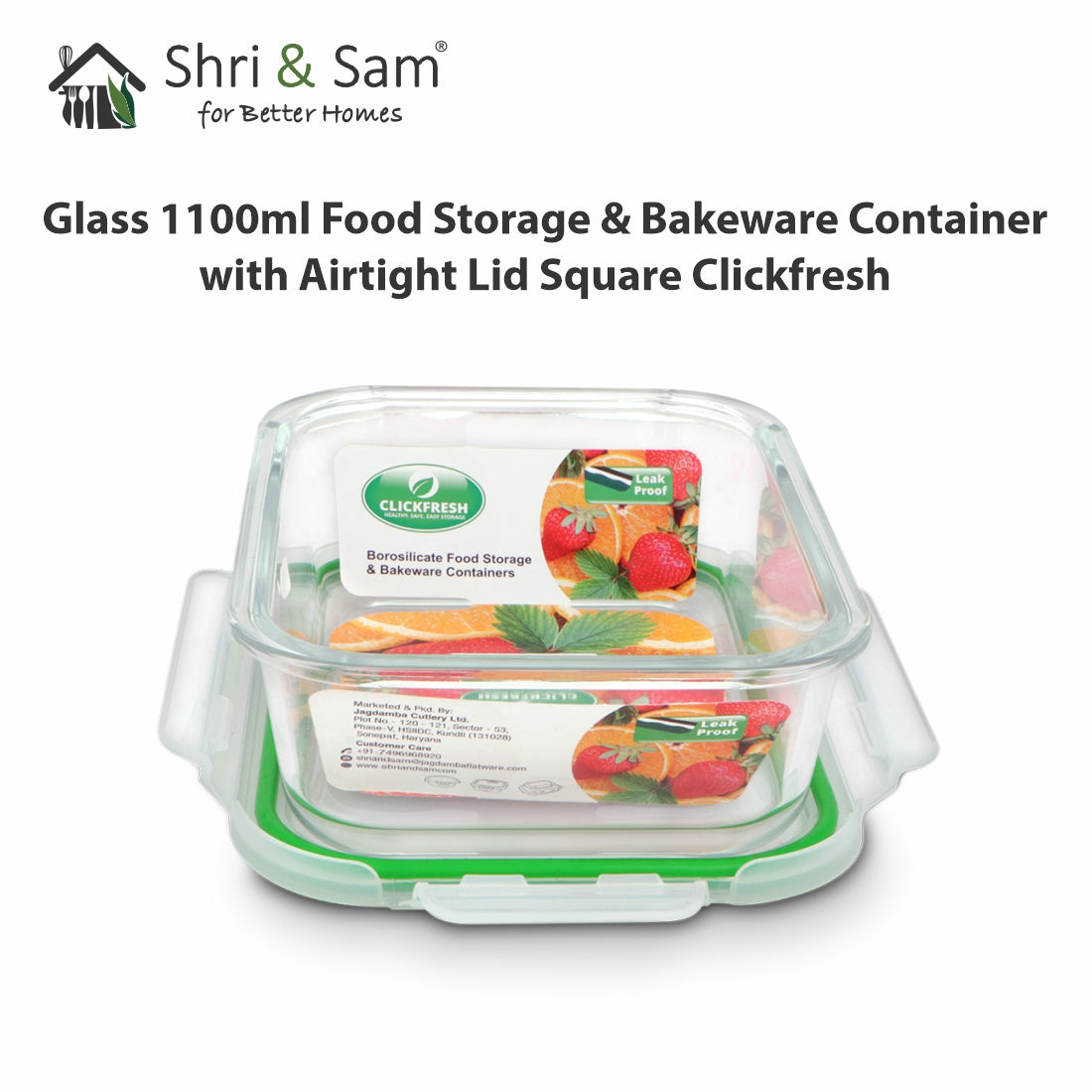 Glass 1100ml Food Storage & Bakeware Container with Airtight Lid Square Clickfresh
