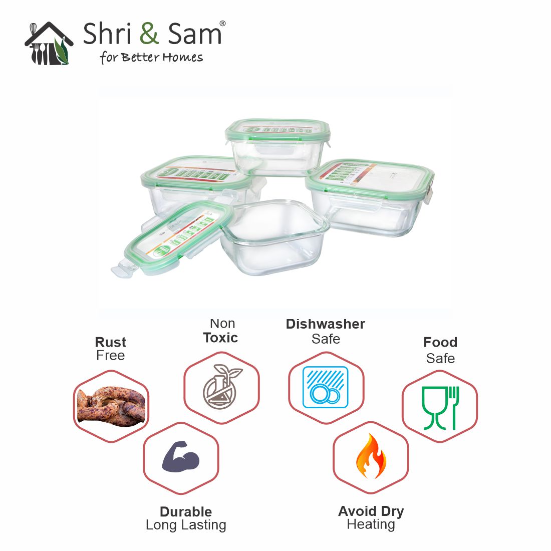 Glass 320ml, 520ml, 800ml & 1100ml Food Storage & Bakeware Container with Airtight Lid Square Clickfresh