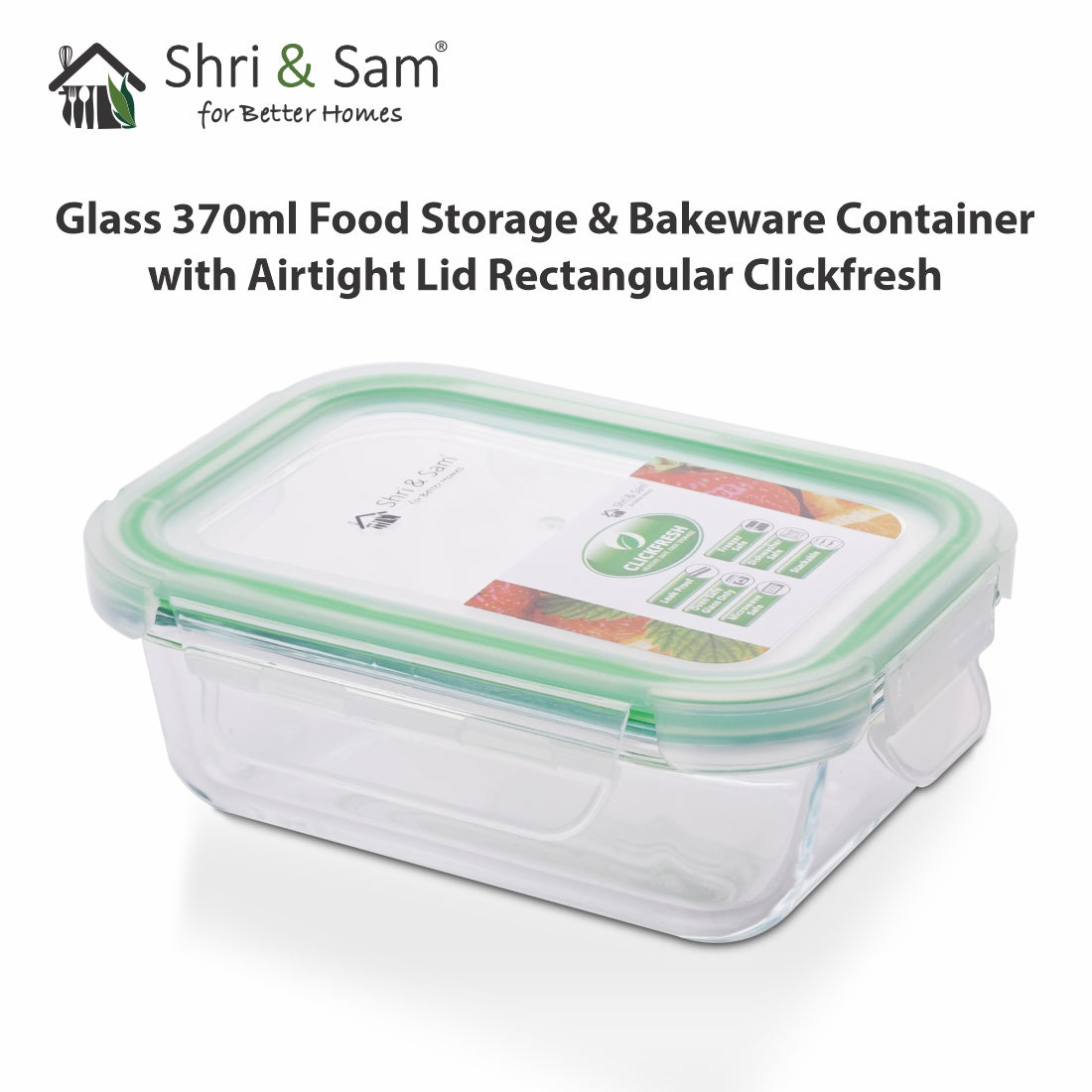 Glass 370ml Food Storage & Bakeware Container with Airtight Lid Rectangular Clickfresh