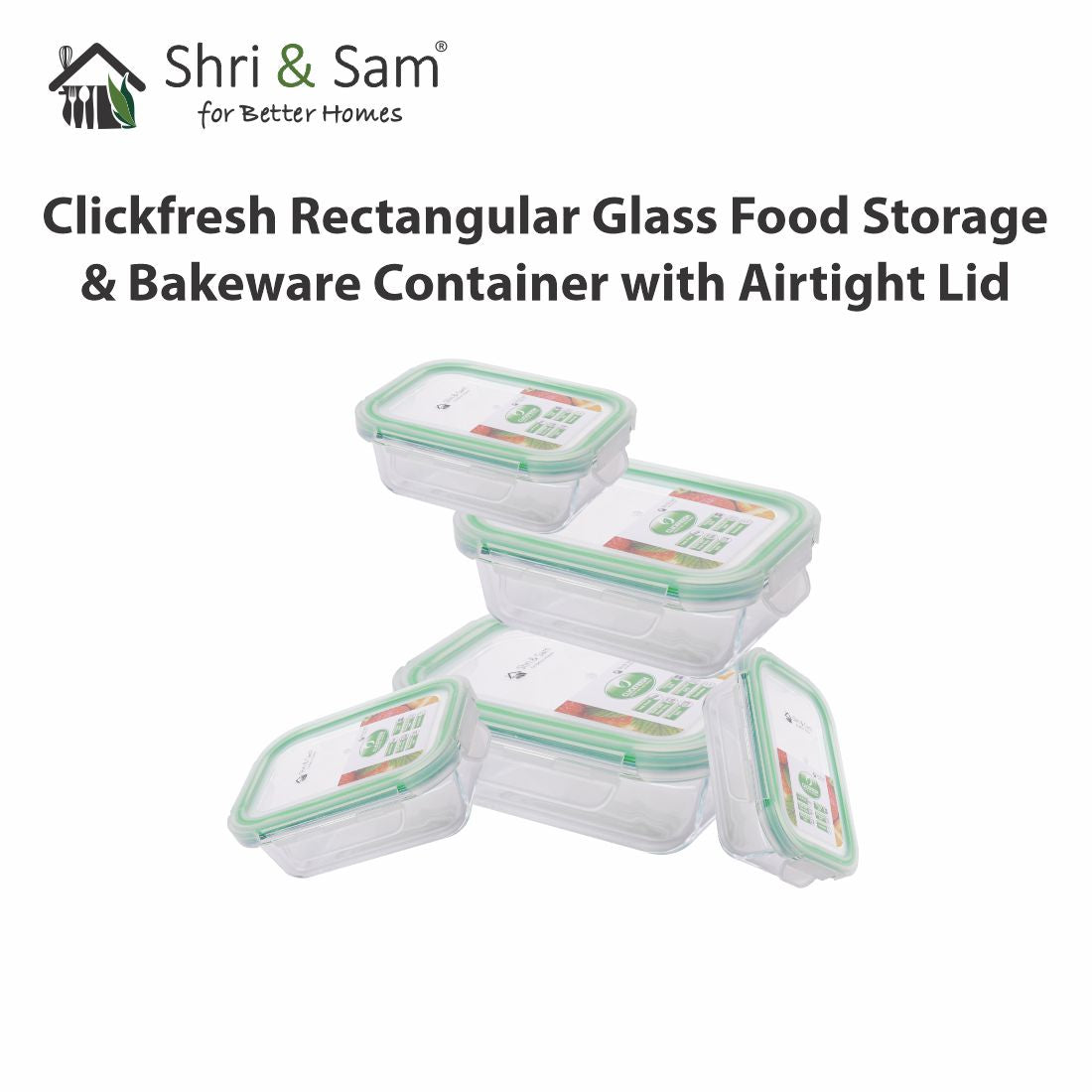 Glass 370ml, 640ml, 1050ml & 1520ml Food Storage & Bakeware Container with Airtight Lid Rectangular Clickfresh