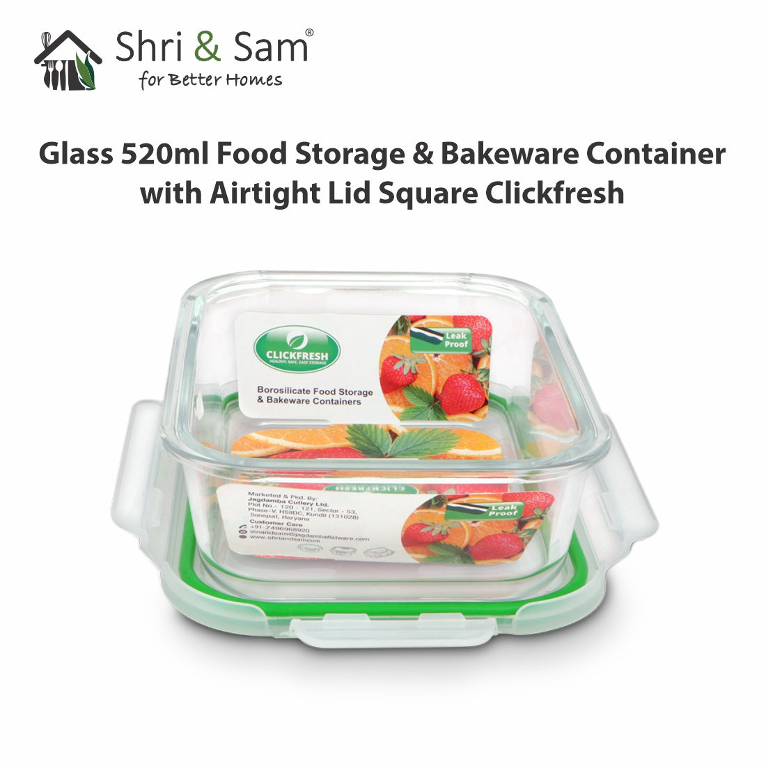 Glass 520ml Food Storage & Bakeware Container with Airtight Lid Square Clickfresh