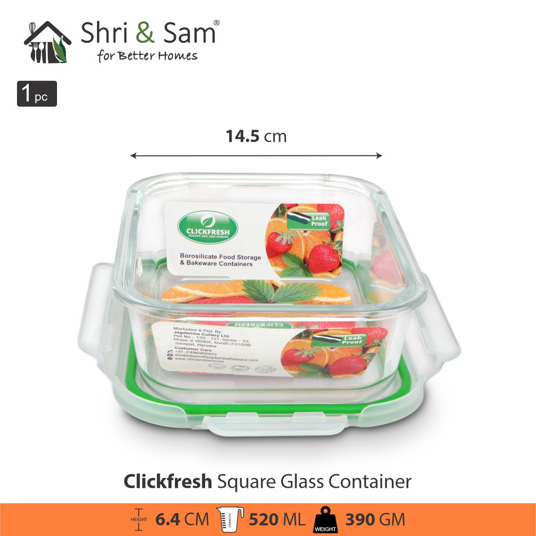 Glass 520ml Food Storage & Bakeware Container with Airtight Lid Square Clickfresh