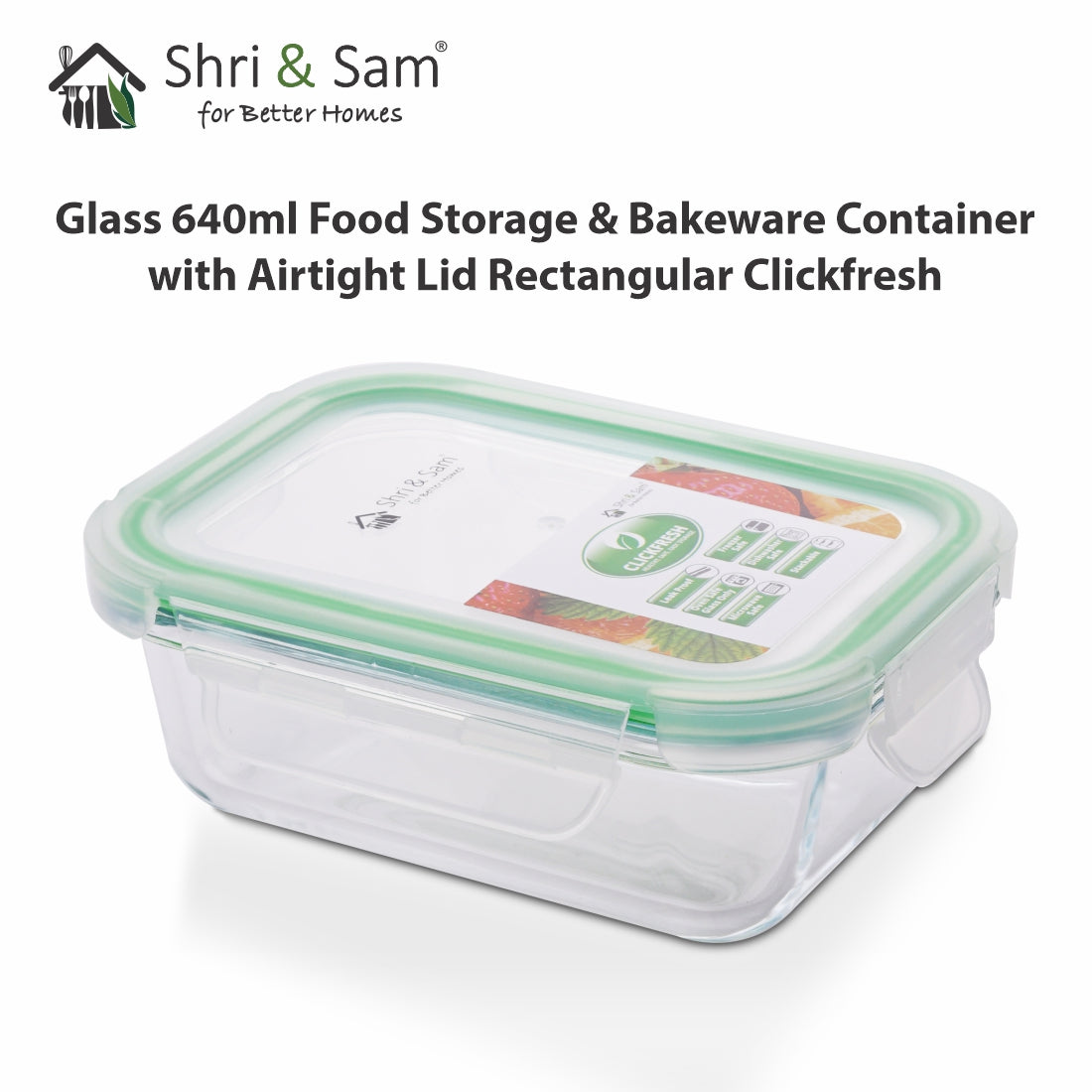 Glass 640ml Food Storage & Bakeware Container with Airtight Lid Rectangular Clickfresh