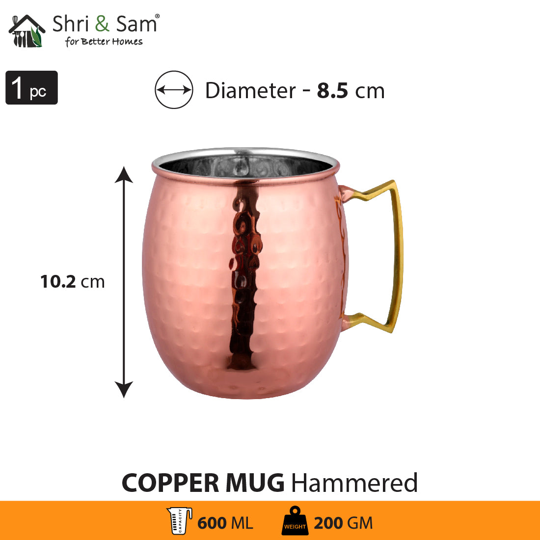 Stainless Steel  Hammered Copper Mug with Golden Handle Mule