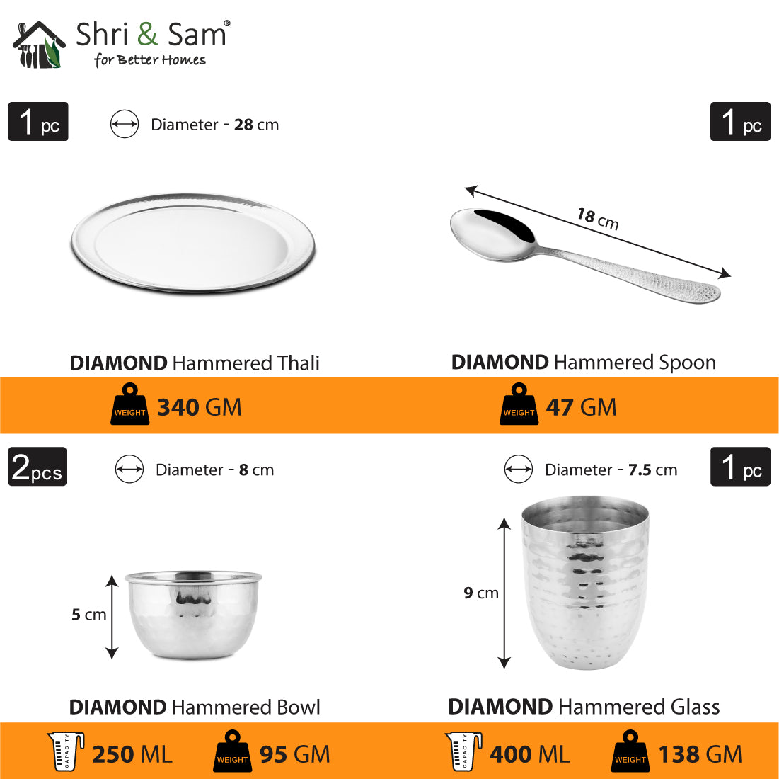 Stainless Steel Hammered Thali Set Diamond