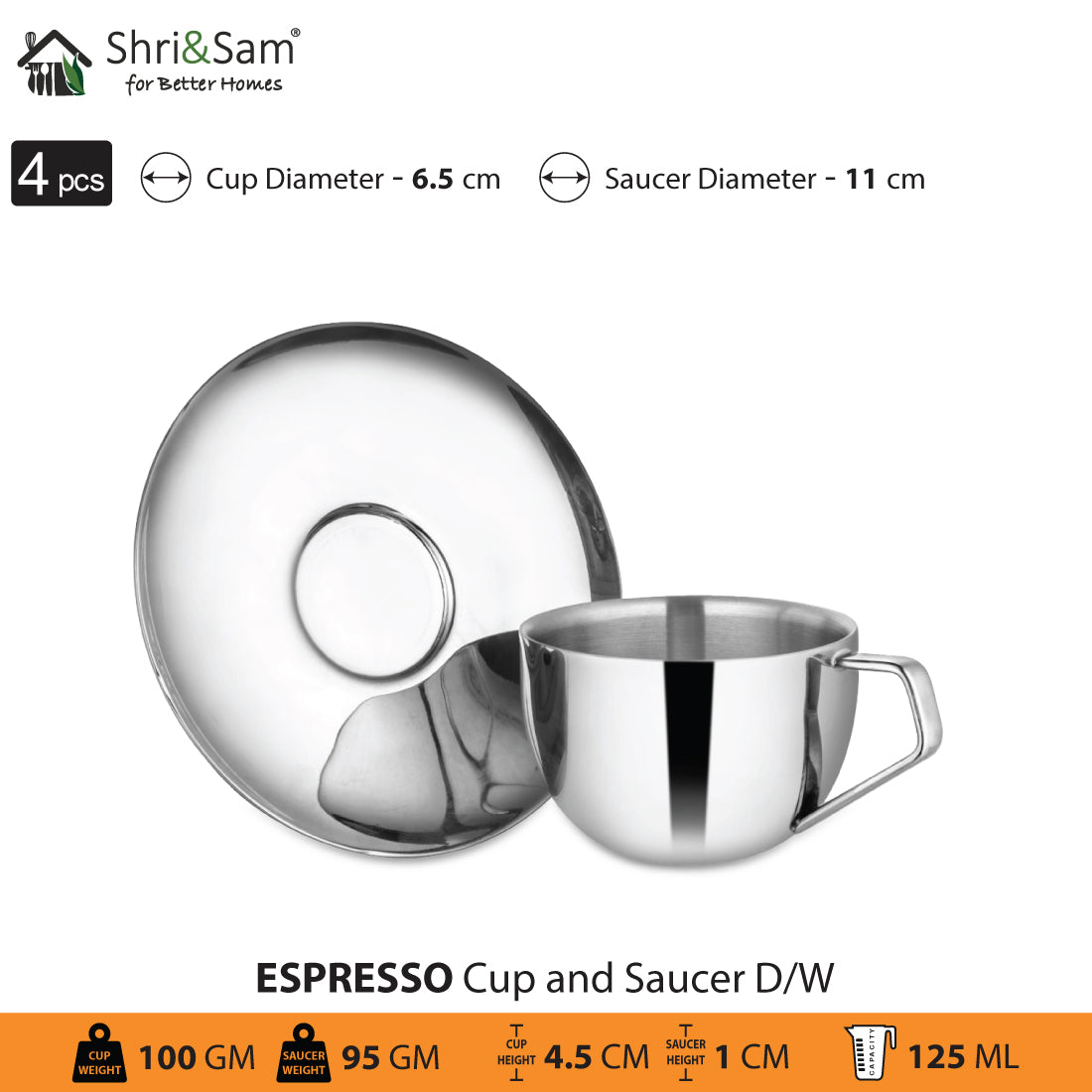 Stainless Steel 4 PCS Double Wall Cup and Saucer Espresso