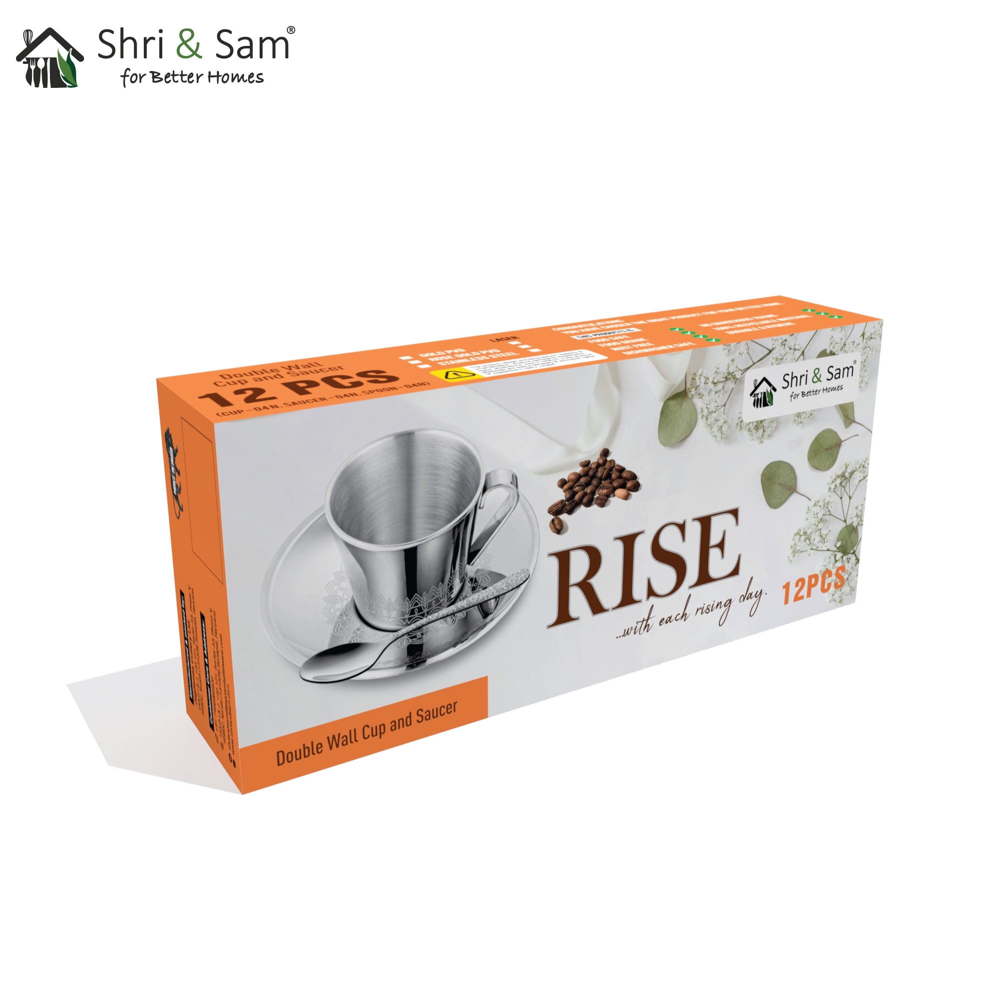 Stainless Steel 4 PCS Double Wall Cup and Saucer with Laser Rise