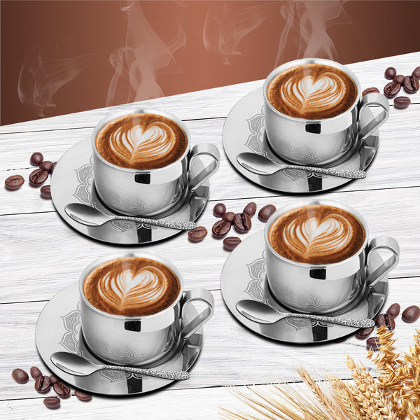 Stainless Steel 4 PCS Double Wall Cup and Saucer with Laser First Impression