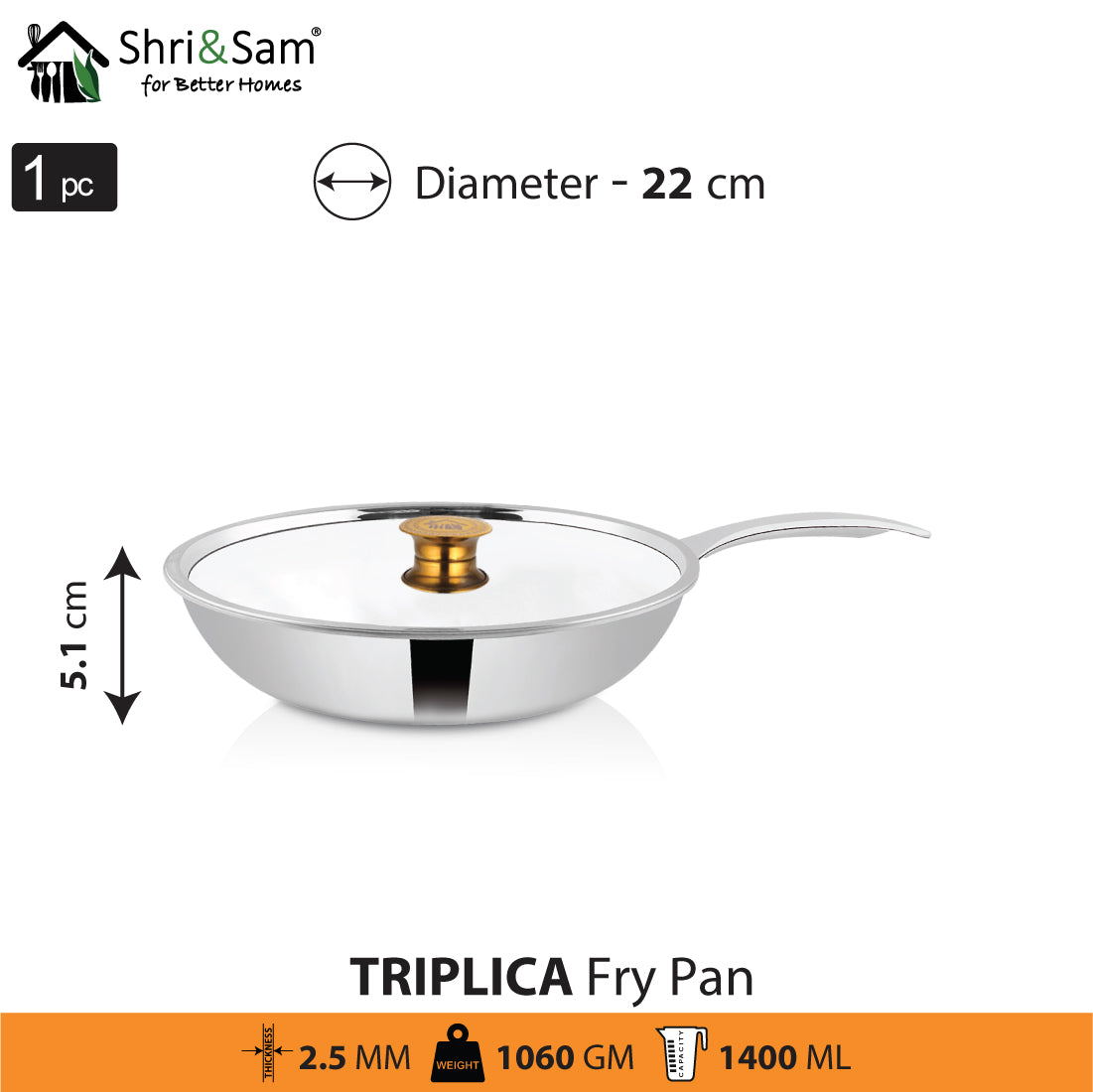 Stainless Steel Triply Fry Pan with SS Lid Triplica