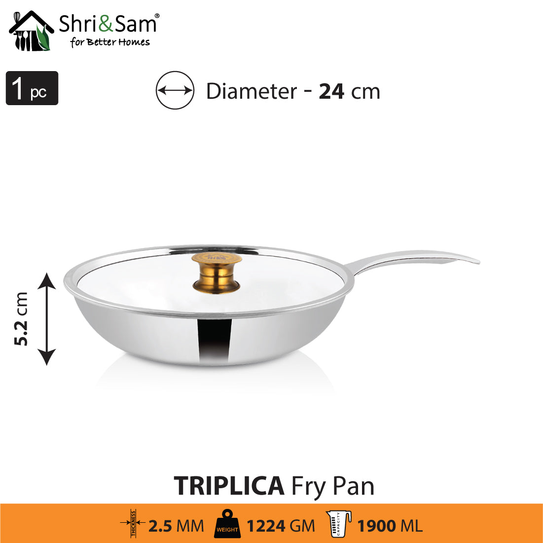 Stainless Steel Triply Fry Pan with SS Lid Triplica